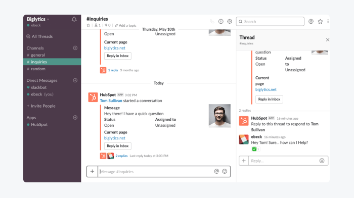 Hubspot dashboard showing customer conversation history
